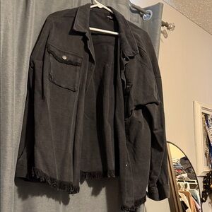 Black Lightweight Frayed Hem Overshirt Jacket